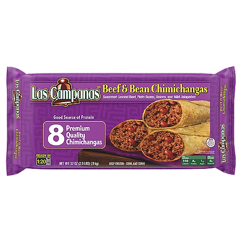 Las Campanas Beef & Bean Chimichangas, 8 count, 32 oz
Seasoned Ground Beef, Pinto Beans, Onions, and Mild Jalapeños