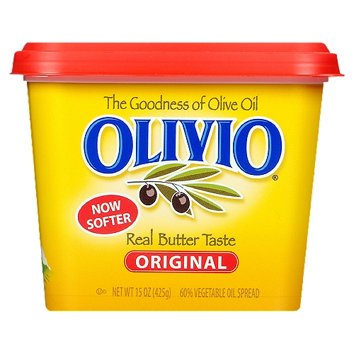 Olivio Original Buttery Spread, 15 oz
Per Serving(14g)
Olivio: Total Fat 9g; Sat.Fat 2.5g; Cal. 80; Chol. 0mg
Margarine: Total Fat 11g; Sat.Fat 2g; Cal. 100; Chol. 0mg
Butter: Total Fat 11g; Sat.Fat 7g; Cal. 100; Chol. 30mg

When we expanded into California, we decided to source our olive oil a little closer to home. As luck would have it, the same climate that produces some of the best wines in the world also produces exceptional olive oil. Olivio Buttery Spread, made with 100% California olive oil has a rich, buttery taste that's delicious on a crusty hunk of rustic bread or melted on top of a plate of steaming fresh vegetables.