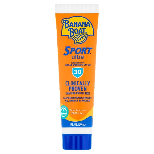Banana Boat Sport Ultra Broad Spectrum Sunscreen Lotion, SPF 30, 1 fl oz
 Drug Facts
Active Ingredients - Purpose
Avobenzone 2.7%, homosalate 6.0%, octisalate 4.5%, octocrylene 4.5% - Sunscreen

Uses
■ helps prevent sunburn
■ if used as directed with other sun protection measures (see Directions), decreases the risk of skin cancer and early skin aging caused by the sun.