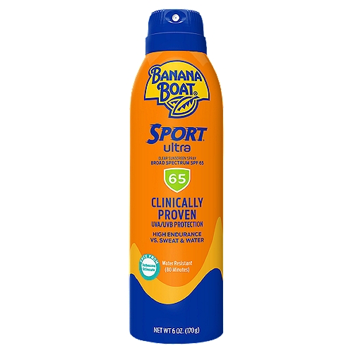 Banana Boat Sport Ultra Broad Spectrum Clear Sunscreen Spray, SPF 65, 6 fl oz
Drug Facts
Active ingredients - Purpose
Avobenzone 2.7%, homosalate 9.0%, octisalate 4.5%, octocrylene 7.0% - Sunscreen

Uses
■ helps prevent sunburn
■ if used as directed with other sun protection measures (see directions), decreases the risk of skin cancer and early skin aging caused by the sun.