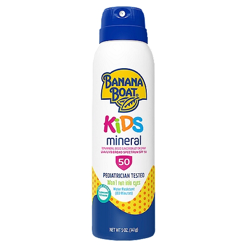 Banana Boat Kids UVA/UVB Broad Spectrum Sunscreen Lotion Spray, SPF 50, 5 oz
Drug Facts
Active ingredients - Purpose
Titanium dioxide 3.4%, zinc oxide 16.0% - Sunscreen

Uses
■ helps prevent sunburn
■ if used as directed with other sun protection measures (see directions), decreases the risk of skin cancer and early skin aging caused by the sun.

Everything Under the Sun About Sunscreen
Classic Sunscreen: How It Works - Turns UVA and UVB rays into undetectable levels of heat just as they reach the skin; Ingredients - Uses chemicals (or ''classic'') active ingredients to absorb and dissipate UVA and UVB rays.(1); The Effect - Classic ingredients are helpful for making sunscreen feel lightweight and tend to spread and blend in more easily on the skin.
Mineral Sunscreen: How It Works - Absorbs and deflects UVA and UVB rays from the skin as the sunscreen sits on the skin's surface; Ingredients - Uses minerals (''physical'') active ingredients such as titanium dioxide and zinc oxide.(1); The Effect - Physical ingredients tend to be more visible on the skin and take a little longer to rub in, but that's Ok!
Source: 1. The Skin Cancer Foundation
