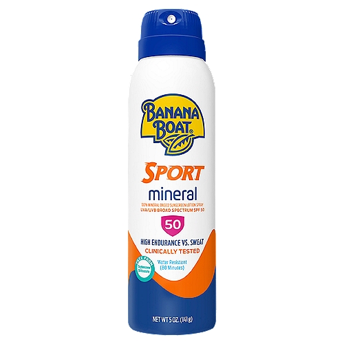 Banana Boat Sport Mineral Broad Spectrum Sunscreen Lotion Spray, SPF 50, 5 oz
Drug Facts
Active ingredients - Purpose
Titanium dioxide 3.4%, zinc oxide 16.0% - Sunscreen

Uses
■ helps prevent sunburn
■ if used as directed with other sun protection measures (see directions), decreases the risk of skin cancer and early skin aging caused by the sun.