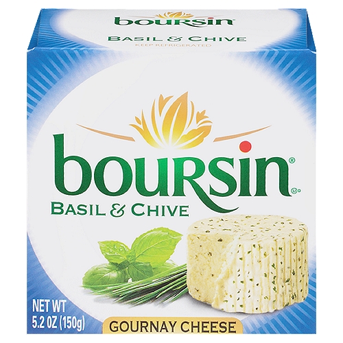 Boursin Basil & Chive Gournay Cheese, 5.2 oz
Boursin®'s mouthwatering recipe is a creamy, yet crumbly blend of real cheese and savory ingredients. Presented inside its signature foil wrapper for freshness.