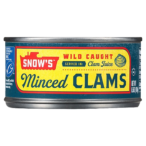 Bumble Bee Snow's Minced Clams, 6.5 oz
Our mouthwatering minced clams are carefully canned in their own juice to preserve flavor and texture, and are perfect to use in soups, sauces, pastas, or any seafood recipe.