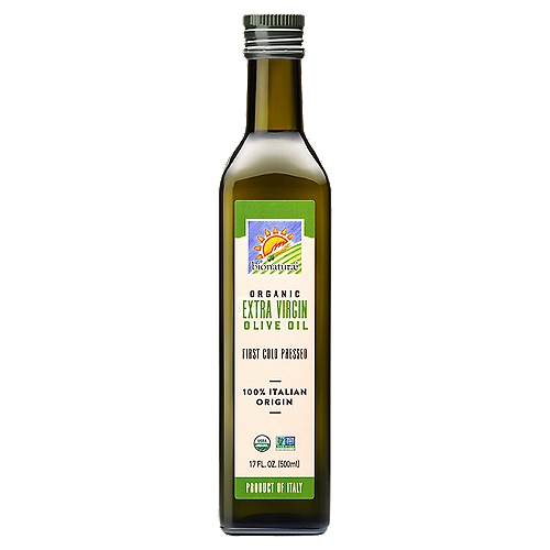 BIONATURAE ORGANIC EXTRA VIRGIN OLIVE OIL, 17 fl oz
100% of our olives are grown on small, certified organic, local family farms in the Veneto region of Northern Italy (We do not buy any olives on the open market!) This region has a cool climate which allows the olives to ripen slowly, which gives the oil a better flavor (In warmer climates, the olives ripen quickly, which can impart a bitter flavor). All of our olives are harvested by hand, then cold expeller pressed (at temps no higher than 80.6o Fahrenheit). We press the olives the same day as harvest, to avoid oxidation. Before bottling, the oil is filtered because we believe the sediment in unfiltered olive oil may become rancid.
