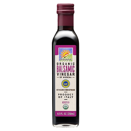 BIONATURAE ORGANIC BALSAMIC VINEGAR, 8.5 fl oz
Bionaturae's premium ORGANIC balsamic vinegar is produced in Modena, Italy by a family that's been producing balsamic for over 300 years! Prepared using old world methods, in a modern, state of the art facility Our Balsamic is made from Trebbiano and Lambrusco grape must, and has an all-natural, authentic, complex, sweet / sour taste profile. Sulfites are naturally occurring in all grape products, including our Balsamic Vinegar, however they're usually found at a rate of less than 10ppm.A special micro filtration process reduces yeast by 100 percent.