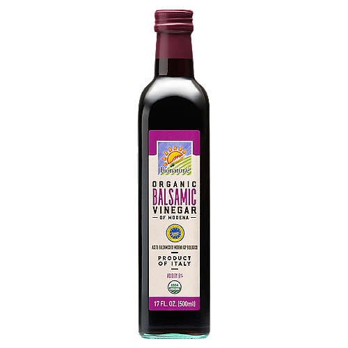 BIONATURAE ORGANIC BALSAMIC VINEGAR, 17 fl. oz.
Bionaturae's premium ORGANIC balsamic vinegar is produced in Modena, Italy by a family that's been producing balsamic for over 300 years! Prepared using old world methods, in a modern, state of the art facility Our Balsamic is made from Trebbiano and Lambrusco grape must, and has an all-natural, authentic, complex, sweet / sour taste profile. Sulfites are naturally occurring in all grape products, including our Balsamic Vinegar, however they're usually found at a rate of less than 10ppm.A special micro filtration process reduces yeast by 100 percent.