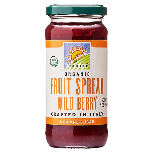 BIONATURAE ORGANIC WILD BERRY FRUIT SPREAD, 9 oz
Premium Organic fruit is grown on small family farms, and picked by hand when perfectly ripe. No Added Sugar
Our unique air-tight, low-temp cooking method allows us to use up to 40% less of the apple juice sweetener, which yields a better tasting fruit spread