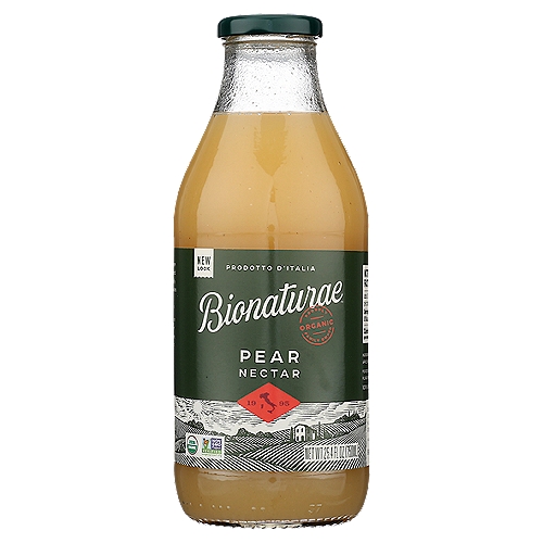 BIONATURAE ORGANIC PEAR NECTARS, 25.4 fl oz
Produced using hand-harvested, ORGANIC, heirloom varieties of fruit from select regions of Italy, for a more sweet, intense and true fruit flavor.No added sugar: We make our own apple juice concentrate for sweetener, from fresh apples from the Piemonte region of Italy.We combine fruit juice with fruit purée for a thicker style of fruit nectar, which can be diluted with water or seltzer, to suit your preference.Packed in Glass, NO BPA lids

Nectar, from the Latin word nektar or ''drink of the gods,'' is defined as a beverage of fruit juice and pulp. bionaturae® Organic Fruit Nectars capture the essence of freshly picked fruit in a bottle: the flavor of the way fruit used to taste. Our fruit is grown organically on small family farms and is picked by hand when perfectly ripe. Try our fruit nectars - their unsurpassed flavor is sure to be a smooth and refreshing fruit experience.