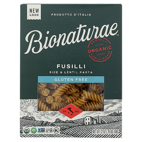 BIONATURAE ORGANIC GLUTEN FREE FUSILLI PASTA, 12 oz
8 grams protein per serving. 100% organic. USDA Organic. Certified Organic by QAI. Certified Gluten-free. Produced in a dedicated gluten free facility. Free of milk, eggs, fish, shellfish, tree nuts, peanuts, gluten, and soy. No soy starch or gums. Non GMO Project verified. nongmoproject.org. New recipe. Same great texture. Gluten free pasta from Tuscany. True texture: With added protein and the mild, pleasant flavor of yellow lentils, this pasta cooks up firm and tastes great with any sauce. Low-temperature drying: Slow, low-temperature drying preserves the light and pleasing flavor of our gluten free pasta. Made by artisan: Crafted in Tuscany by a family who began producing pasta in 1887 and gluten free in 1970. www.bionaturae.com. 100 plastic-free packaging. See side panel for disposal instructions (Before recycling the paper box, detach the windows which is 100% home compostable and biodegradable). Product of Italy.