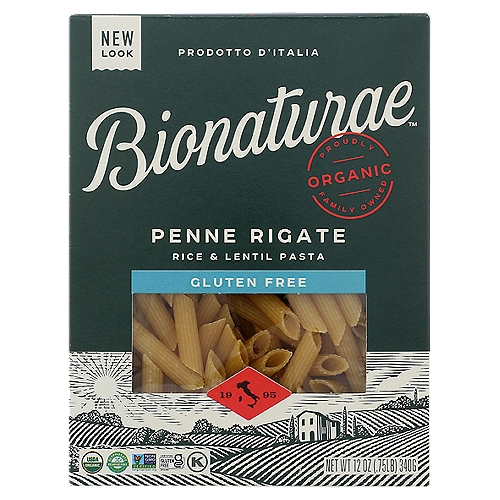 BIONATURAE ORGANIC GLUTEN FREE PENNE RIGATE PASTA, 12 oz
8 grams protein per serving. 100% organic. USDA Organic. Certified Organic by QAI. Certified Gluten-free. Produced in a dedicated gluten free facility. Free of milk, eggs, fish, shellfish, tree nuts, peanuts, gluten, and soy. No soy starch or gums. Non GMO Project verified. nongmoproject.org. New recipe. Same great texture. Gluten free pasta from Tuscany. True texture: With added protein and the mild, pleasant flavor of yellow lentils, this pasta cooks up firm and tastes great with any sauce. Low-temperature drying: Slow, low-temperature drying preserves the light and pleasing flavor of our gluten free pasta. Made by artisan: Crafted in Tuscany by a family who began producing pasta in 1887 and gluten free in 1970. www.bionaturae.com. 100 plastic-free packaging. See side panel for disposal instructions (Before recycling the paper box, detach the windows which is 100% home compostable and biodegradable). Product of Italy.

100% Organic Gluten Free Rice & Lentil Pasta