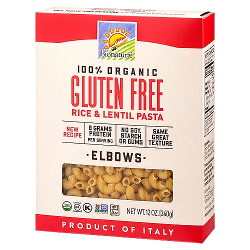 BIONATURAE ORGANIC GLUTEN FREE ELBOWS PASTA, 12 oz
8 grams protein per serving. 100% organic. USDA Organic. Certified Organic by QAI. Certified Gluten-free. Produced in a dedicated gluten free facility. Free of milk, eggs, fish, shellfish, tree nuts, peanuts, gluten, and soy. No soy starch or gums. Non GMO Project verified. nongmoproject.org. New recipe. Same great texture. Gluten free pasta from Tuscany. True texture: With added protein and the mild, pleasant flavor of yellow lentils, this pasta cooks up firm and tastes great with any sauce. Low-temperature drying: Slow, low-temperature drying preserves the light and pleasing flavor of our gluten free pasta. Made by artisan: Crafted in Tuscany by a family who began producing pasta in 1887 and gluten free in 1970. www.bionaturae.com. 100 plastic-free packaging. See side panel for disposal instructions (Before recycling the paper box, detach the windows which is 100% home compostable and biodegradable). Product of Italy.

Rice & Lentil Pasta