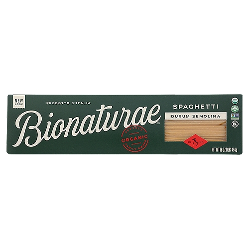 BIONATURAE ORGANIC SEMOLINA SPAGHETTI PASTA, 16 oz
USDA Organic. Certified Organic by QAI. 100% organic. Dedicated facility free of milk, fish, shellfish, tree nuts, peanuts, and soy. Non GMO Project verified. nongmoproject.org. Artisan producers since 1887. The premier organic pasta. Extruded with bronze dies. Low-temperature drying. Traditional Pasta from Tuscany: Bronze Dies: We use traditional bronze dies to press our pasta shapes instead of Teflon, because this lends a coarse surface that your sauce will cling to. Crafted just as it was a century ago. Low-Temperature Drying: Slow, low-temperature drying preserves the light and pleasing flavor of our freshly ground organic wheat. Made by Artisans: Crafted by a Tuscan family that began pasta production in 1887, bionaturae pasta is made with traditional know-how that has stood the test of time. www.bionaturae.com. Product of Italy.