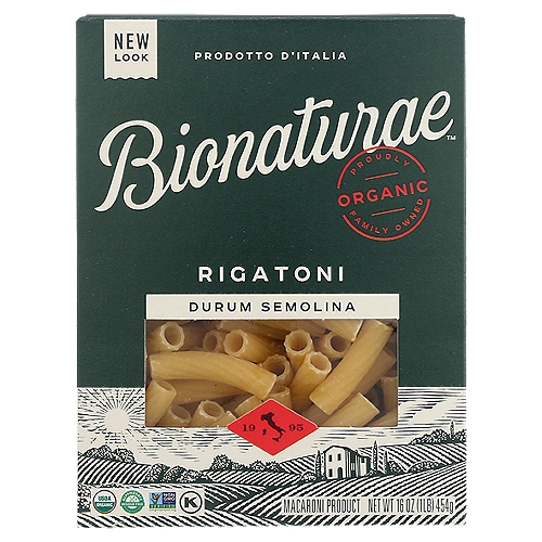 BIONATURAE ORGANIC SEMOLINA RIGATONI PASTA, 16 oz
USDA Organic. Certified Organic by QAI. 100% organic. Dedicated facility free of milk, fish, shellfish, tree nuts, peanuts, and soy. Non GMO Project verified. nongmoproject.org. Artisan producers since 1887. The premier organic pasta. Extruded with bronze dies. Low-temperature drying. Traditional Pasta from Tuscany: Bronze Dies: We use traditional bronze dies to press our pasta shapes instead of Teflon, because this lends a coarse surface that your sauce will cling to. Crafted just as it was a century ago. Low-Temperature Drying: Slow, low-temperature drying preserves the light and pleasing flavor of our freshly ground organic wheat. Made by Artisans: Crafted by a Tuscan family that began pasta production in 1887, bionaturae pasta is made with traditional know-how that has stood the test of time. www.bionaturae.com. Product of Italy.