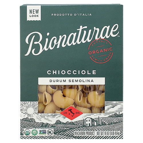 BIONATURAE ORGANIC SEMOLINA CHIOCCIOLE PASTA, 16 oz
USDA Organic. Certified Organic by QAI. 100% organic. Dedicated facility free of milk, fish, shellfish, tree nuts, peanuts, and soy. Non GMO Project verified. nongmoproject.org. Artisan producers since 1887. The premier organic pasta. Extruded with bronze dies. Low-temperature drying. Traditional Pasta from Tuscany: Bronze Dies: We use traditional bronze dies to press our pasta shapes instead of Teflon, because this lends a coarse surface that your sauce will cling to. Crafted just as it was a century ago. Low-Temperature Drying: Slow, low-temperature drying preserves the light and pleasing flavor of our freshly ground organic wheat. Made by Artisans: Crafted by a Tuscan family that began pasta production in 1887, bionaturae pasta is made with traditional know-how that has stood the test of time. www.bionaturae.com. Product of Italy.

100% Organic Durum Semolina

Traditional Pasta from Tuscany
Bronze Dies
We use traditional bronze dies to press our pasta shapes instead of Telfon®, because this lends a coarse surface that your sauce will cling to: Crafted just as it was a century ago.

Low-Temperature Drying
Slow, low-temperature drying preserves the delicious flavor of our freshly ground organic wheat.