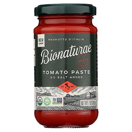 BIONATURAE ORGANIC TOMATO PASTE, 7 oz
100% Organic. USDA Organic. Certified Organic by QAI. Certified Gluten-free. Non GMO Project verified. nongmoproject.org. No salt added. Tomatoe paste in glass jars is convenient and is a staple of every Italian kitchen. Ready to use for all tomato-based recipes. Convenient jar for select recipes and storage. www.bionaturae.com. BPA free. Product of Italy.

The sweet flavor of tomatoes grown in Italy and naturally ripened in the Mediterranean sunshine is truly exceptional. Packed in BPA-free glass jars for your wellness and convenience!