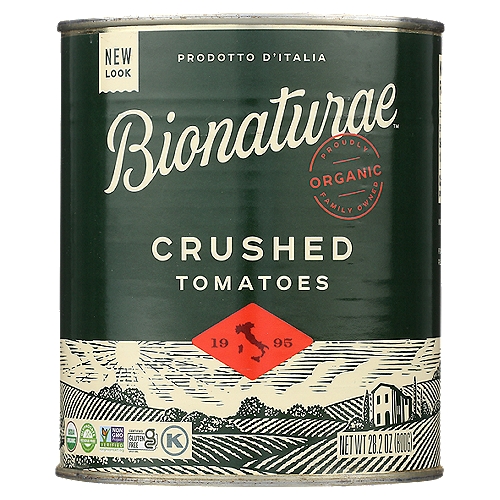 BIONATURAE ORGANIC CRUSHED TOMATOES, 28.2 oz
100% Organic. USDA Organic. Certified Organic by QAI. Non GMO Project verified. nongmoproject.org. No salt added. Grown on small family farms and naturally ripened in the Mediterranean sunshine, bionaturae organic tomatoes are exceptionally sweet and delicious. We carefully pack our tomatoes on the same day of harvest to preserve the unparalleled flavor of garden-fresh tomatoes. The natural goodness is so perfect, we do not add salt, basil, or other additives. Enjoy authentic Italian flavor in your favorite recipe all year long. No additives. www.bionaturae.com. BPA Free. Product of Italy.
