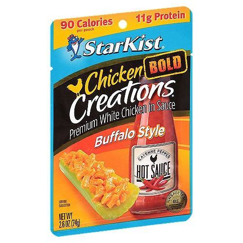 StarKist Chicken Creations Bold Premium White Chicken in Buffalo Style Sauce, 2.6 oz
Chicken from StarKist®? Yes, chicken! It's delectable, hot Buffalo-style chicken, prepared with a dash of paprika, vinegar and fiery hot sauce. A lot like Buffalo wings, only better, because you can take this spicy deliciousness anywhere. Just tear, eat and go.™ Leave the paper towels at home.