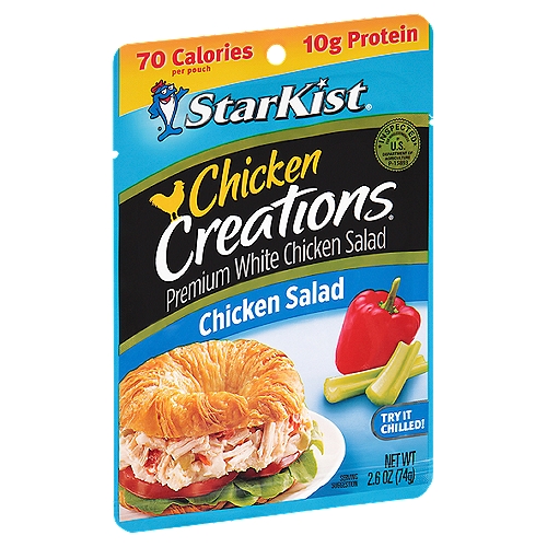 StarKist Chicken Creations Chicken Salad, 2.6 oz
Ready-to-Eat Premium White Chicken Salad

Tear. Eat. Go.™

We get it: everyone has their own favorite chicken salad recipe. Our tasty chicken salad (yes, chicken!) includes savory dill relish, crisp celery, red peppers and a unique ingredient - convenience. Add it to a salad, sandwich or enjoy straight from the pouch - wherever you go.