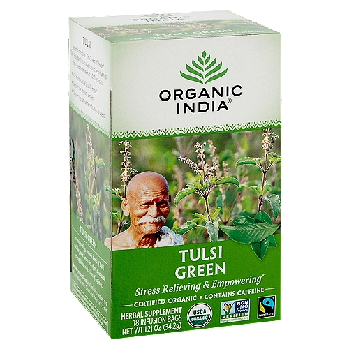 Organic India Tulsi Green Herbal Supplement, 18 count, 1.21 oz
Stress relieving & empowering*

Revered in India as ''The Queen of Herbs,'' tulsi (holy basil) is an adaptogenic herb that has been used for more than 5,000 years to:
• Aid in stress relief & uplift mood*
• Support the immune system*
• Support the natural detoxification process*

Tulsi Green
An invigorating, smooth blend of tulsi and the finest green tea offers a natural energy boost with a hint of caffeine.*
*These statements have not been evaluated by the FDA. This product is not intended to diagnose, treat, cure or prevent any disease.