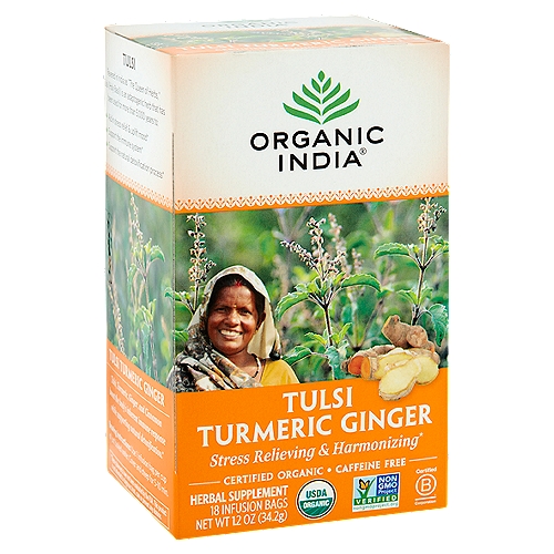 Organic India Tulsi Turmeric Ginger Herbal Supplement, 18 count, 1.2 oz
Stress relieving & harmonizing*

Revered in India as ''The Queen of Herbs,'' tulsi (holy basil) is an adaptogenic herb that has been used for more than 5,000 years to:
• Aid in stress relief & uplift mood*
• Support the immune system*
• Support the natural detoxification process*

Tulsi, turmeric, ginger, and cinnamon boost the body's inherent immune response while supporting natural detoxification.*
*These statements have not been evaluated by the FDA. This product is not intended to diagnose, treat, cure or prevent any disease.