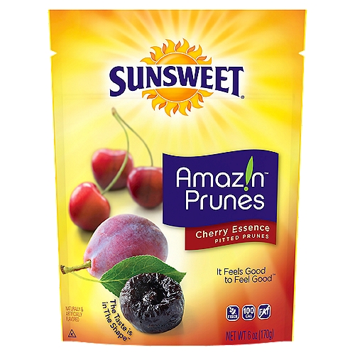 Sunsweet Amaz!n Cherry Essence Pitted Prunes, 6 oz
The Feel Good Fruit™
Enjoy living life to the fullest when you give your body the nutrition from Sunsweet Amaz!n Prunes. Because it Feels Good to Feel Good™