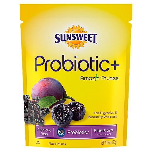 Sunsweet Amaz!n Probiotic+ Elderberry Pitted Prunes, 6 oz
Treat yourself to a delicious snack that supports both digestive and immunity wellness. Sunsweet has created a tasty plus-up for your body with a combination of prebiotics, probiotics, and just a touch of natural elderberry flavor.

Research shows that BC30™ probiotic (Bacillus coagulans GBI-30, 6086®) can help support immunity wellness.

Fruits & veggies more matters®
