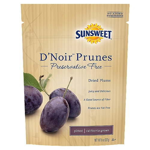 Sunsweet D'Noir Prunes Preservative Free Pitted Dried Plums, 8 oz
For Sunsweet, growing the perfect prune plum is an art form. Now, try our finest the D'Noir prune. Each D'Noir prune comes from our California Reserve Fruit, specially selected for its premium quality. You'll enjoy their unexpectedly juicy texture and elegant flavor knowing they're 100% preservative free.

The Taste is in The Shape™