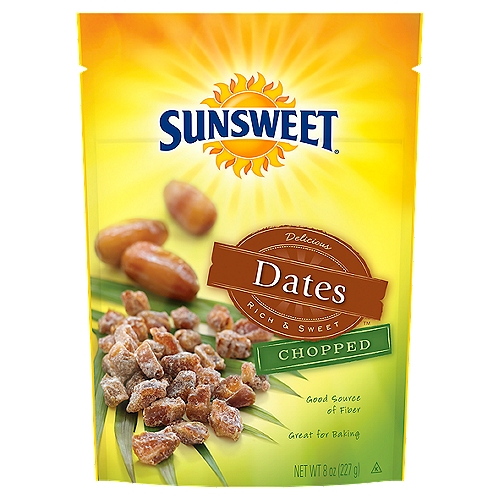Sunsweet Chopped Dates, 8 oz
Full of rich flavor, who would have thought these plump, moist morsels are from the desert? They get their lusciousness from the majestic Date palms. We hand-pick each naturally sweetened fruit - pure desert - decadence!

Variety is the spice of life and these guys do it all - add dates to your meat and poultry dishes, grains and salads, baked goods, or enjoy as a yummy everyday snack.