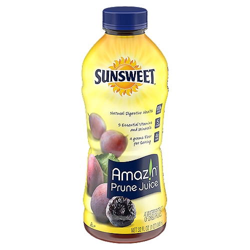 Sunsweet Amaz!n Prune Juice, 32 fl oz
A Water Extract of Dried Prunes

The feel good fruit™
Enjoy living life to the fullest with the nutrition of Sunsweet Amaz!n Prune Juice.
Each serving of Sunsweet Amaz!n Prune Juice is a good source of fiber and provides 5 essential vitamins and minerals to help maintain digestive health. When your digestive system is in balance, you feel good and perform at your best.
