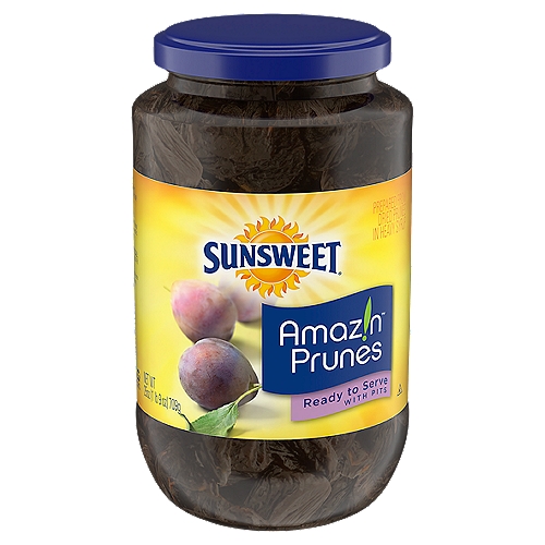 Sunsweet Amaz!n Ready to Serve Prunes with Pits, 25 oz
Nurtured to perfection, Sunsweet Ready to Serve prunes are succulent, sweet and irresistible. So go ahead, live a little and enjoy!

Feel Good Fact #12
Our promise is to provide the best tasting, highest quality fruit in the world. Amaz!n Prunes are brought to you only from Sunsweet.