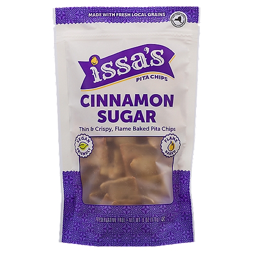 Issa's Cinnamon Sugar Pita Chips, 6 oz
Pair with Your Favorites:
● Vanilla Greek yogurt
● Ice cream & whipped cream
● Banana cream pudding
● Cream cheese & brie
● Melted chocolate
● Apple pie filling
● Cannoli dip
● Fruit salad topping

Flame Baked for the Perfect Crisp
The unique appearance, texture, and taste of Issa's Pita Chips are derived from an old world baking technique that's been passed down from generation to generation. In Lebanese culture, this is the only way pita chips are baked. With a lightly sweetened twist, Issa's Cinnamon Sugar Pita Chips offer you a unique and satisfying way to snack!