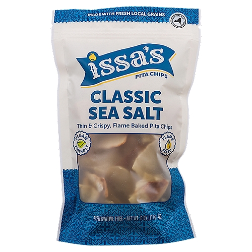 Issa's Classic Sea Salt Pita Chips, 6 oz
Pair with Your Favorites:
• Hummus & tzatziki
• Spinach artichoke dip
• Buffalo wing dip
• Salad & casserole topping
• Kefir cheese
• Chutney & curry
• Olive tapenade

Flame Baked for the Perfect Crisp
The unique appearance, texture, and taste of Issa's Pita Chips are derived from an old world baking technique that's been passed down from generation to generation. In Lebanese culture, this is the only way pita chips are baked. With a fresh take on a traditional spice, Issa's Classic Sea Salt Pita Chips offer you a unique and satisfying way to snack!