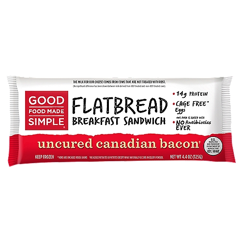 Good Food Made Simple Uncured Canadian Bacon Flatbread Breakfast Sandwich, 4.4 oz
Good Food Made Simple Canadian Bacon Flatbread Single