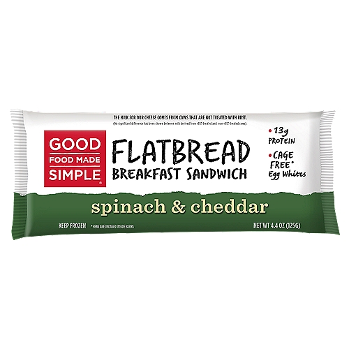 Good Food Made Simple Spinach & Cheddar Flatbread Breakfast Sandwich, 4.4 oz
Good Food Made Simple Spinach & Cheddar Flatbread Single