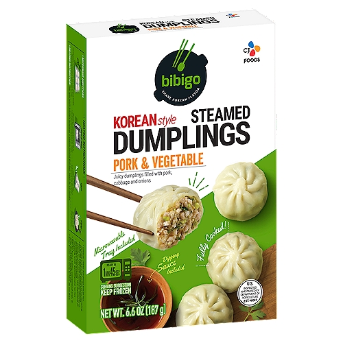 Bibigo Steamed Dumplings - Pork and Vegetable, 6.6 oz
Juicy Dumplings Filled with Pork, Cabbage and Onions

Savory and Juicy Filling
Bite into deliciously warm and delectable dumplings that are perfectly seasoned

Rich & Flavorful
Carefully crafted with a thin wrapper to taste more of the succulent flavor inside each dumpling

Easy & Convenient
Microwavable tray is designed to perfectly steam each dumpling for easy clean-up

Dipping Sauce Included
A tangy, soy-vinegar dipping sauce is the ideal accompaniment