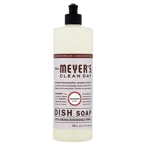 Mrs. Meyer's Clean Day Lavender Scent Dish Soap, 16 fl oznLavender has long been prized for its Delightful, original and clean floral scent. So fresh, it can fill your home with warm Welcoming air such a pretty and reassuring herb!nnWe Make Effective, Trusted Formulas.nMade with:*nPlant-Derived Cleaning IngredientsnEssential OilsnAloe Vera ExtractnGlycerinnnMade without:nParabens & PhthalatesnMEA & DEAnArtificial Colorsn*Learn about these and other ingredients at mrsmeyers.com/ingredients-glossary