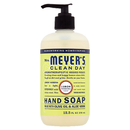 Mrs. Meyer's Clean Day Lemon Verbena Scent Hand Soap, 12.5 fl oz 
Lemon Verbena has a light, Refreshingly mild citrus scent. This tender herb blossoms in early summer, and smells bright Through and Through.

Made with:
Plant-Derived Cleaning Ingredients 
Essential Oils 
Aloe Vera Extract
Glycerin
Olive Oil
Made without:
Parabens & Phthalates 
MEA & DEA
Artificial Colors