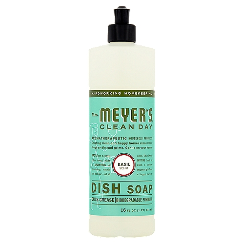 Mrs. Meyer's Clean Day Basil Scent Dish Soap, 16 fl oz
Basil has a cool, crisp scent that is Uplifting & grounding, exotic and familiar - all at once. This fresh, Inviting herb is such a unique, fragrant gift from a happy garden.

We Make Effective, Trusted Formulas.
Made with:*
Plant-Derived Cleaning Ingredients 
Essential Oils
Aloe Vera Extract 
Glycerin

Made without:
Parabens & Phthalates 
MEA & DEA
Artificial Colors
*Learn about these and other ingredients at mrsmeyers.com/ingredients-glossary