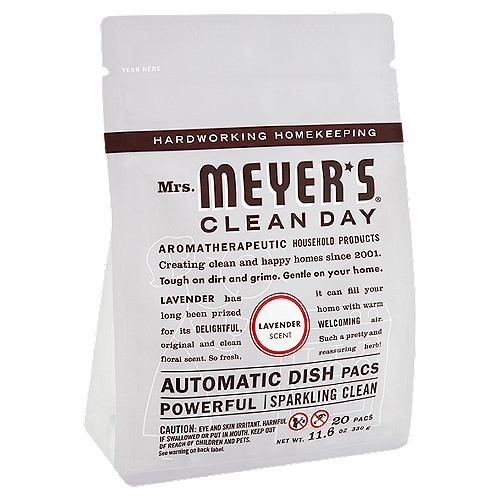 Mrs. Meyer's Clean Day Lavender Scent Automatic Dish Pacs, 20 count, 11.6 oz
Lavender has long been prized for its Delightful, original and clean floral scent. So fresh, it can fill your home with warm Welcoming air. Such a pretty and reassuring herb!

We Make Effective, Trusted Formulas.
Made with:*
Essential Oils
Sodium Percarbonate
Soil-Removing Enzymes
*Learn about these and other ingredients at mrsmeyers.com/Ingredients-Glossary

Made without:
Parabens & Phthalates
Chlorine
Artificial Colors

Household Hint
These pacs work wonderfully in regular machines and fancy European models. Not only are they convenient, they also pack a punch when it comes to cleaning coffee and tea stains - without chlorine!