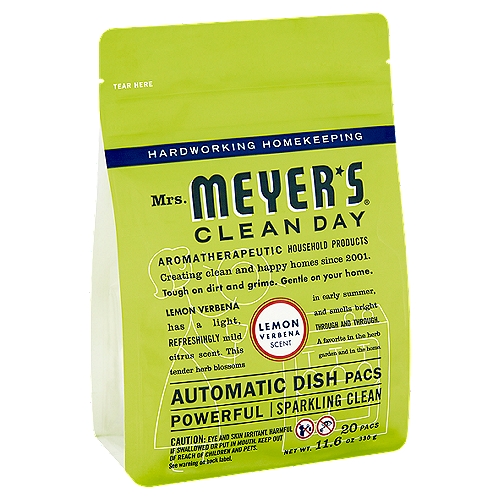 Mrs. Meyer's Clean Day Lemon Verbena Scent Automatic Dish Pacs, 20 count, 11.6 oz
Lemon Verbena has а light, Refreshingly mild citrus scent. This tender herb blossoms in early summer, and smells bright Through and Through. A favorite in the herb garden and in the home.

Made with:*
Essential Oils
Sodium Percarbonate
Soil-Removing Enzymes
Made without:
Parabens & Phthalates
Chlorine
Artificial Colors
*Learn about these and other ingredients at MRSMEYERS.COM/Ingredients-Glossary