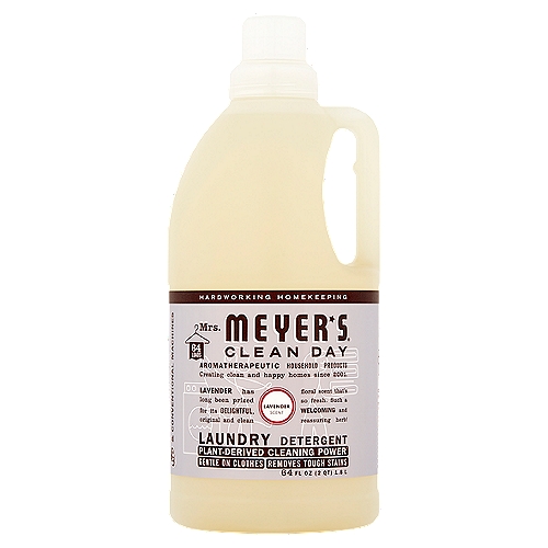 Mrs. Meyer's Clean Day Lavender Scent Laundry Detergent, 64 fl oznLavender has long been prized for its Delightful, original and clean floral scent that's so fresh. Such a Welcoming and reassuring herb!nnPlant-Derived Cleaning Power*nWe Make Effective, Trusted Formulas.nMade with:*n*Learn about these and other ingredients at mrsmeyers.com/ingredients-glossary.n Plant-Derived Cleaning Ingredientsn Essential Oilsn Stain-Fighting EnzymesnnMade without:nParabens & PhthalatesnOptical BrightenersnArtificial Colors