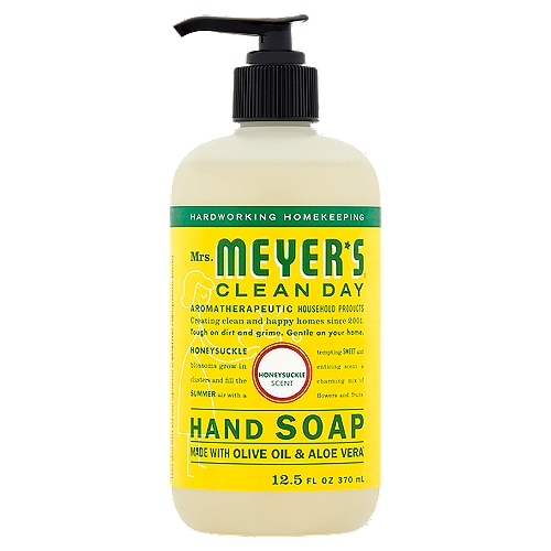 Mrs. Meyer's Clean Day Honeysuckle Scent Hand Soap, 12.5 fl oz
Honeysuckle blossoms grow in clusters and fill the Summer air with a tempting Sweet and enticing scent - a charming mix of flowers and fruits.

Made with Olive Oil & Aloe Vera*

Made with:*
Plant-Derived Cleaning Ingredients
Essential Oils
Aloe Vera Extract
Glycerin
Olive Oil
Made without:
Parabens & Phthalates
MEA & DEA
Artificial Colors
*Learn about these and other ingredients at mrsmeyers.com/ingredients-glossary