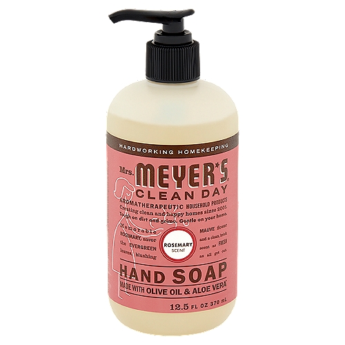 Mrs. Meyer's Clean Day Rosemary Scent Hand Soap, 12.5 fl oz
Memorable Rosemary, savor the Evergreen leaves, blushing Mauve flower and a clean, brisk scent as Fresh as all get out.

Made with:*
Plant-Derived Cleaning Ingredients
Essential Oils
Aloe Vera Extract
Glycerin
Olive Oil
Made without:
Parabens & Phthalates
MEA & DEA
Artificial Colors

Made with Olive Oil & Aloe Vera*
*Learn about these and other ingredients at MRSMEYERS.COM/Ingredients-Glossary