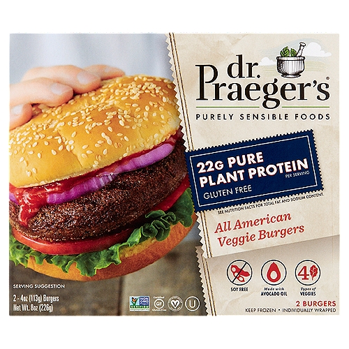 Dr. Praeger's All American Veggie Burgers, 4 oz, 2 count
Pure Plant Protein
Our Pure Plant Protein All American Veggie Burgers were created with delicious, high-quality pea protein combined with avocado oil and different types of veggies. We've got flavors that'll make your taste buds do a happy dance!