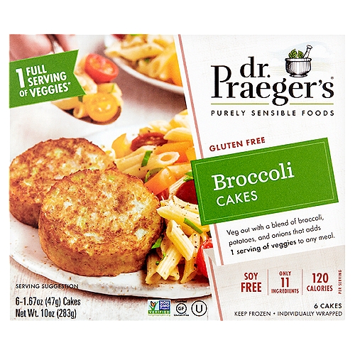 Dr. Praeger's Broccoli Cakes, 1.67 oz, 6 count
Veg out with a blend of broccoli, potatoes, and onions that adds 1 serving of veggies to any meal.

1 Full Serving of Veggies*
*1 serving provides the equivalent of 1/2 cup of vegetables of the 2 1/2 daily cups of vegetables the Dietary Guidelines recommend for a 2,000 calorie diet. Daily needs may vary depending on age, sex, and activity level.