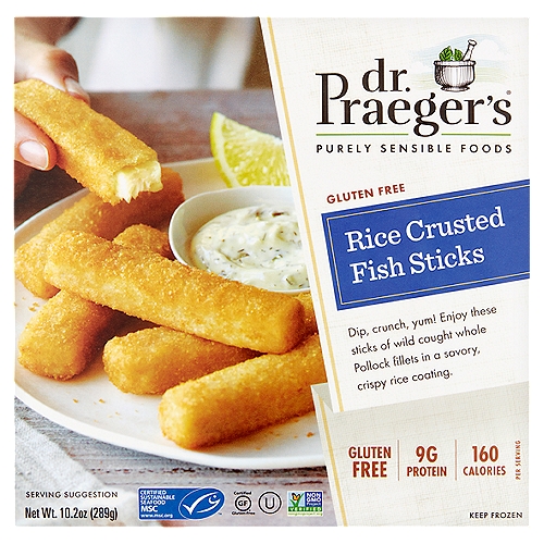 Dr. Praeger's Gluten Free Rice Crusted Fish Sticks, 10.2 oz
Dip, crunch, yum! Enjoy these sticks of wild caught whole Pollock fillets in a savory, crispy rice coating.
