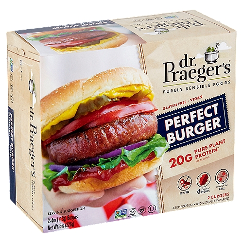 Dr. Praeger's Perfect Burger, 4 oz, 2 count
20g Pure Plant Protein™ per Serving

Our Perfect Burger® combines high quality pea protein with 4 types of veggies. It cooks up just like beef on the grill or stove-top skillet. Looking for a delicious and juicy plant based burger? This is your perfect choice!
