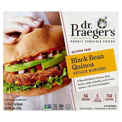 Dr. Praeger's Black Bean Quinoa Veggie Burgers, 2.5 oz, 4 count
A flavorful blend of hearty black beans, smoky chipotles, and tri-color quinoa, with a hint of jalapeño.
