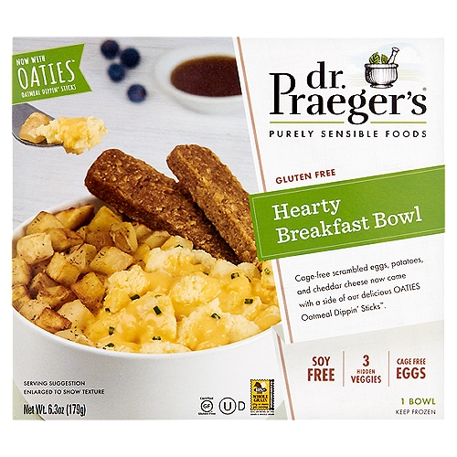 Dr. Praeger's Hearty Breakfast Bowl, 6.3 oz
Cage-free scrambled eggs, potatoes, and cheddar cheese now come with a side of our delicious Oaties Oatmeal Dippin' Sticks™.